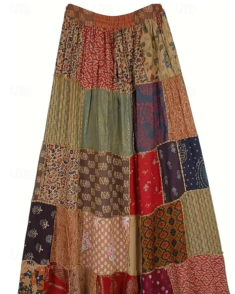 Damenrock, lässiger Boho-Maxirock mit mittlerer Leibhöhe, Blumenmuster, mikroelastisch, Urlaub, Streetstyle, rot-blau, Sommer, Polyester