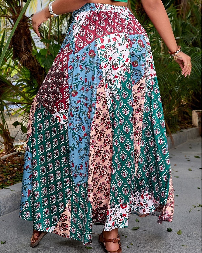 Damenrock, lässiger Boho-Maxirock mit mittlerer Leibhöhe, Blumenmuster, mikroelastisch, Urlaub, Streetstyle, rot-blau, Sommer, Polyester