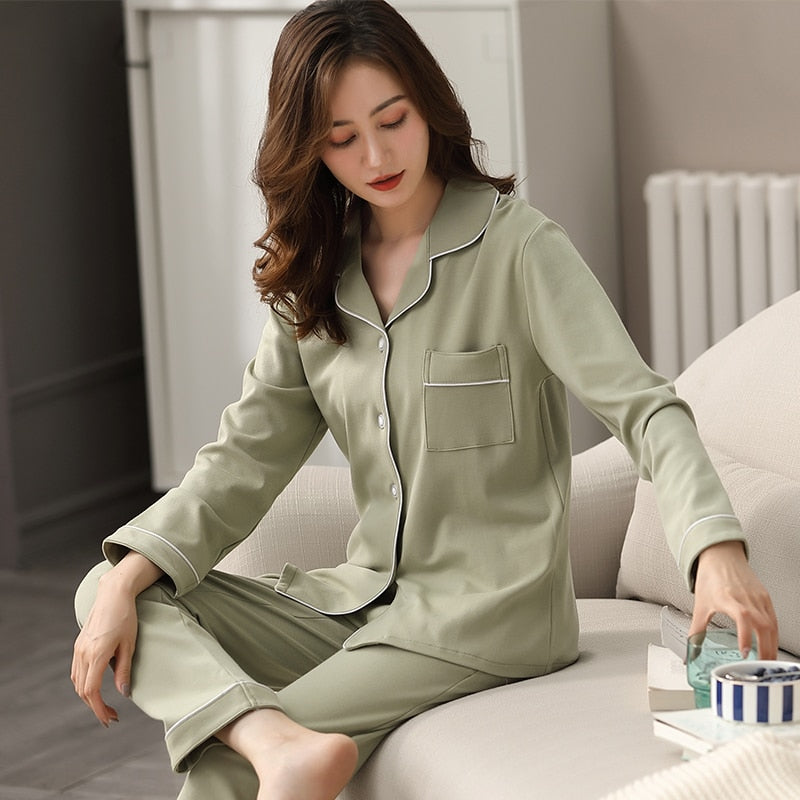 Femmes 100% coton  Pyjamas  Dormir en hiver  Lounge Sleepwear Solid  Pijama blanc Mujer Bedroom  Vêtements d'intérieur  Pyjama en coton pur PJs