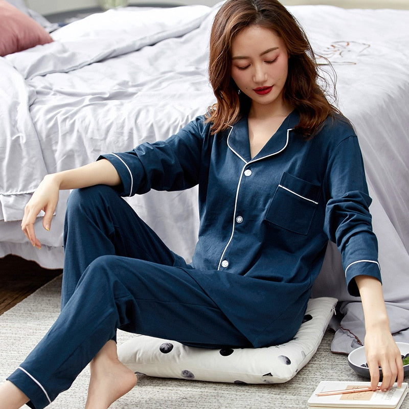 Femmes 100% coton  Pyjamas  Dormir en hiver  Lounge Sleepwear Solid  Pijama blanc Mujer Bedroom  Vêtements d'intérieur  Pyjama en coton pur PJs