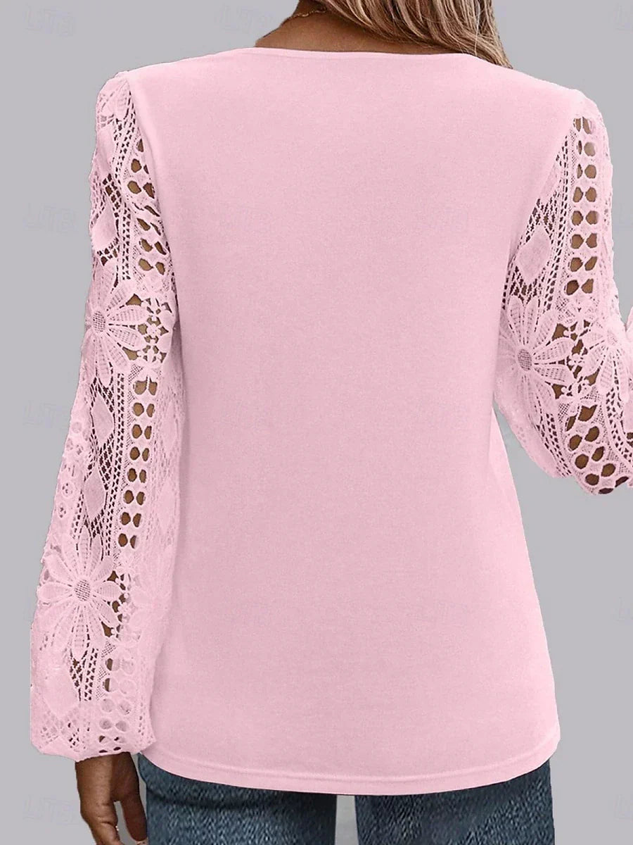 Elegante weiße Spitzenbluse für Damen mit Lochstickerei, lässige einfarbige Bluse mit langen Ärmeln, asymmetrischer Spitzen-Patchwork-Verzierung, normale Passform, für den Alltag, in Schwarz, Weiß und Rosa, romantische Petite-Bluse, Sommer-Urlaubsmode