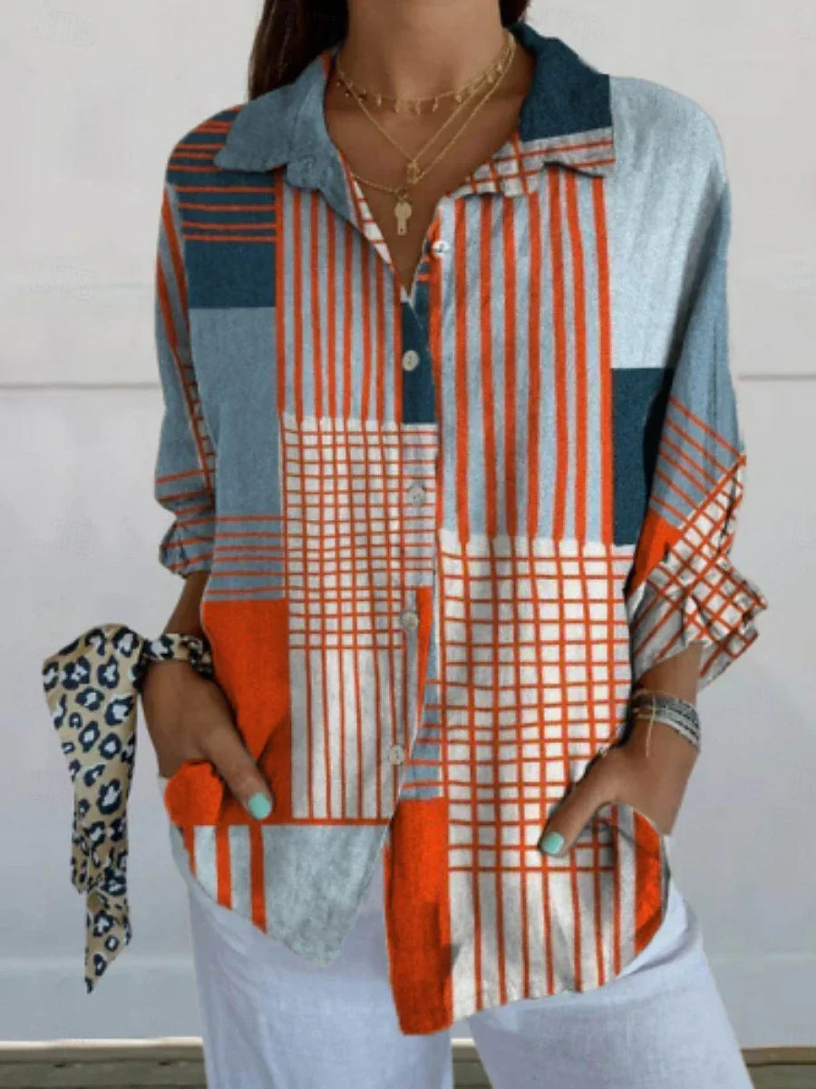 Damenbluse mit geometrischem Farbblock, stilvolles Langarmhemd mit Kragen, normale Passform, für den Alltag und Urlaub, mit Knöpfen und Print, blau, Sommer