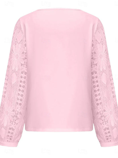 Elegante weiße Spitzenbluse für Damen mit Lochstickerei, lässige einfarbige Bluse mit langen Ärmeln, asymmetrischer Spitzen-Patchwork-Verzierung, normale Passform, für den Alltag, in Schwarz, Weiß und Rosa, romantische Petite-Bluse, Sommer-Urlaubsmode